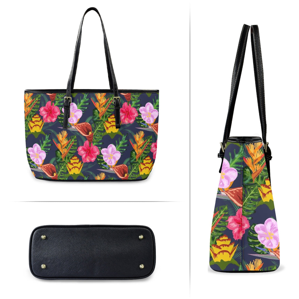 Tropical Floral PU Leather Tote Bag Large Leather Tote Bag-Large Plants Printed Offshore