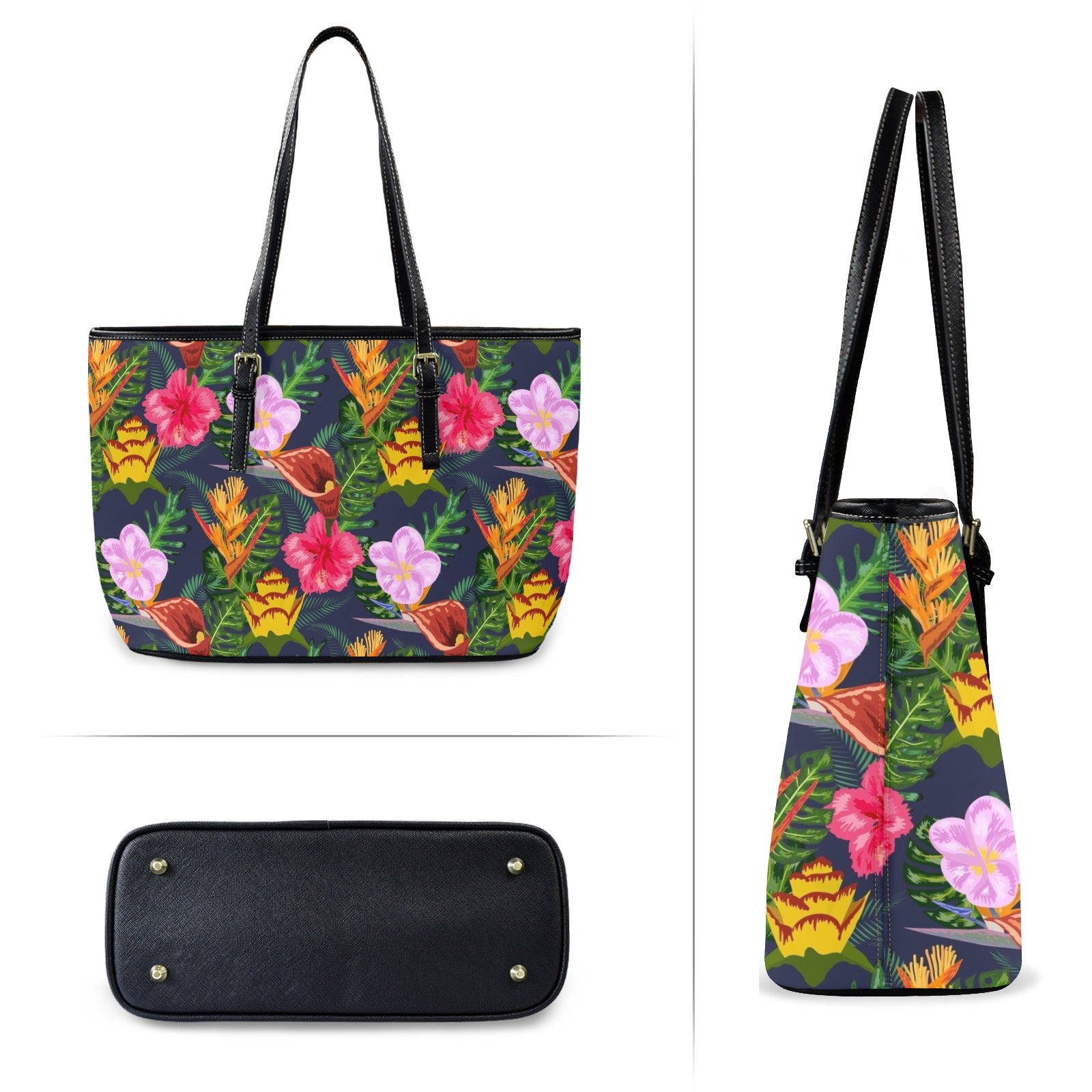 Tropical Floral PU Leather Tote Bag Large Leather Tote Bag-Large Plants Printed Offshore