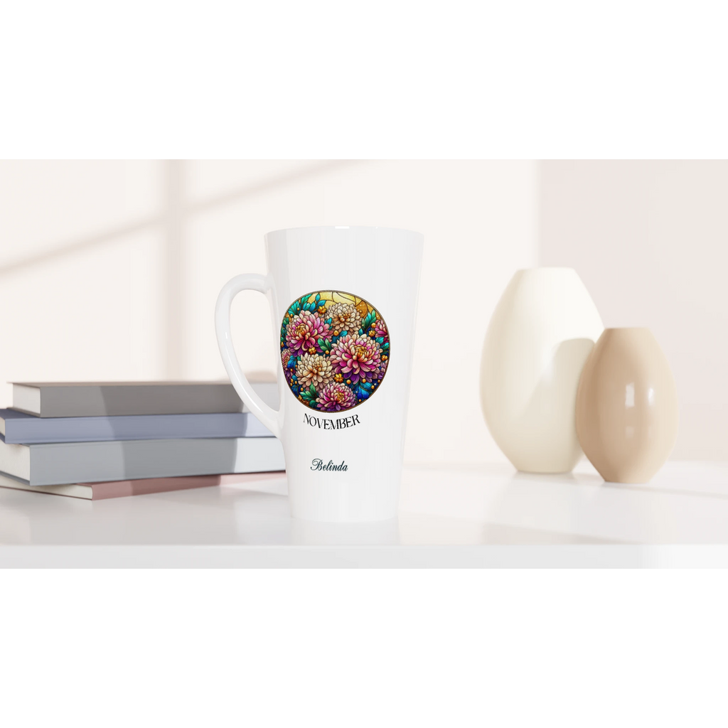Stained Glass Birth Month Flowers - White Latte 17oz Ceramic Mug Personalised Latte Mug customise Globally Fulfilled Name Plants