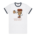 Even My Coffee Needs Coffee - Staple Ringer Tee White Navy Ringer T-Shirt Coffee Printed In Australia