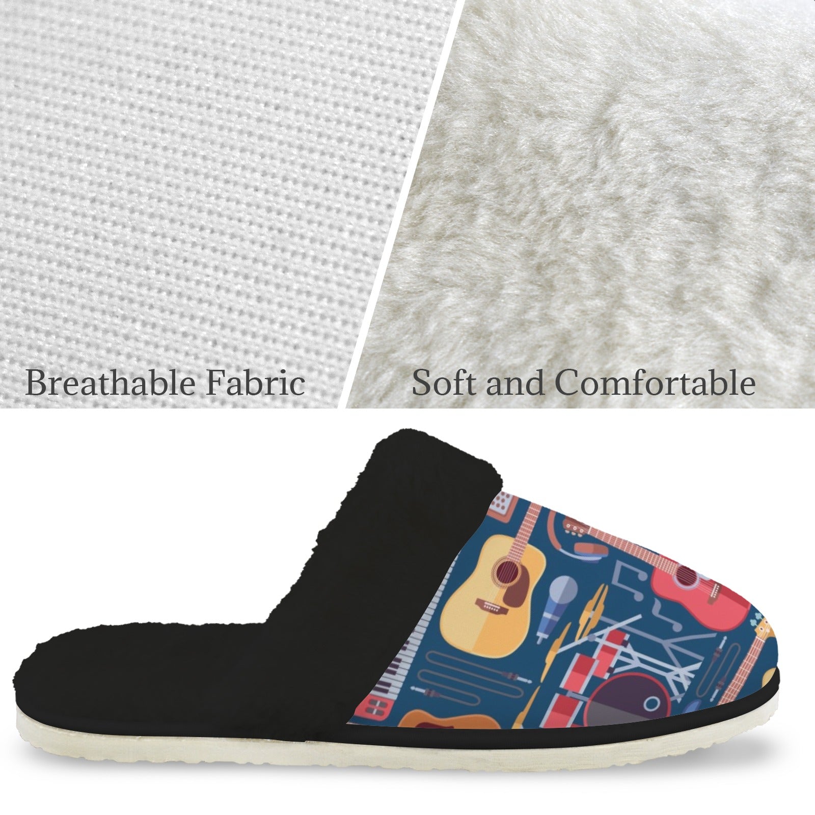 Music Instruments - Men's Fur Trim Thick-Sole Indoor Slippers Men's Fur Trimmed Slippers Music Printed Offshore