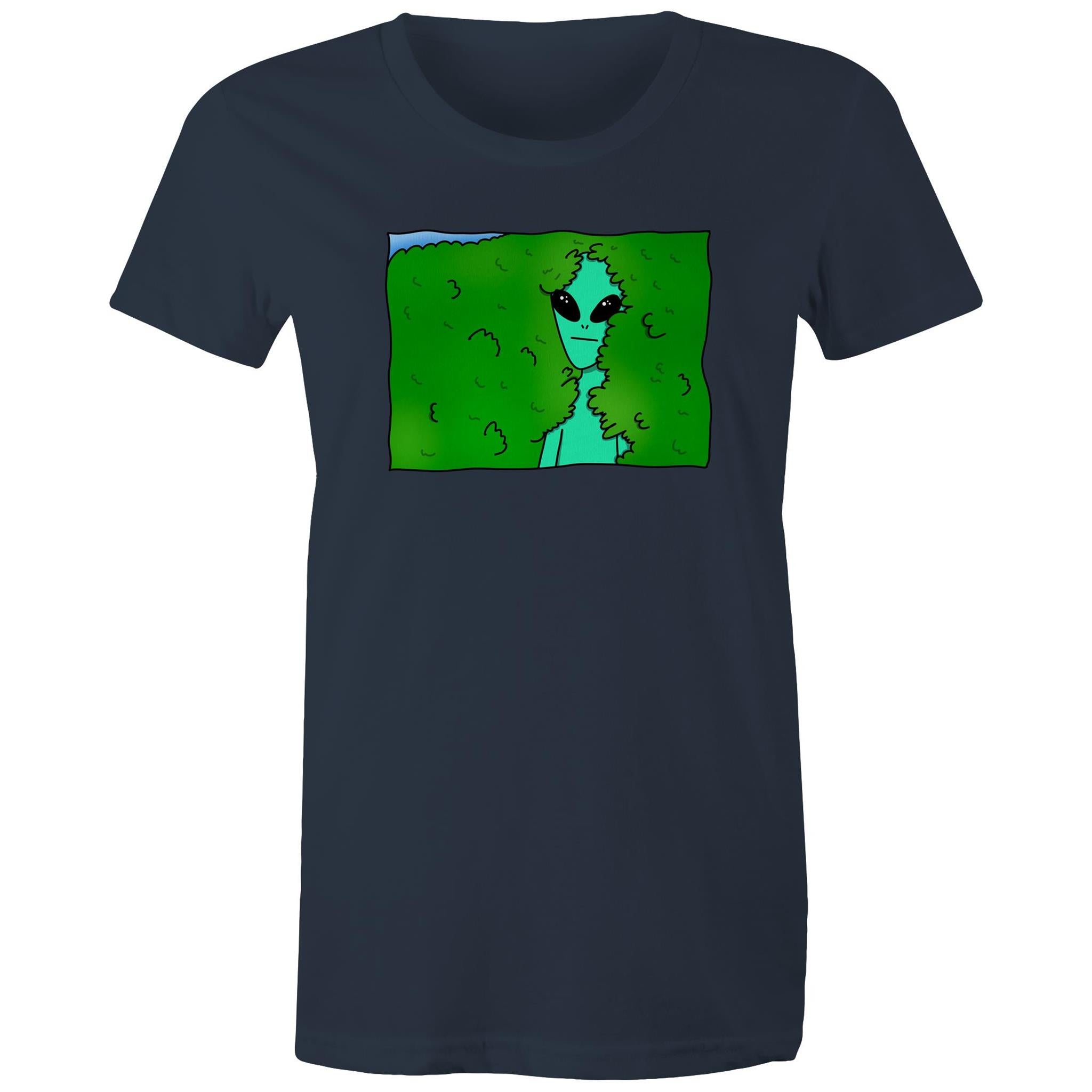Alien Backing Into Hedge Meme - Womens T-shirt Navy Womens T-shirt Printed In Australia Sci Fi