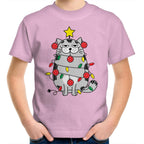 Christmas Cat - Kids Youth T-Shirt Pink Kids Christmas T-shirt Christmas Printed In Australia