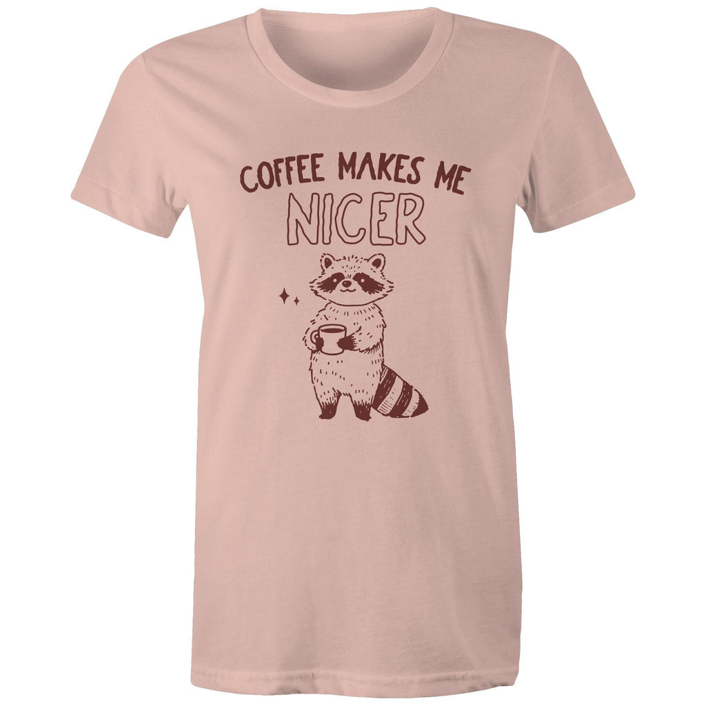 Coffee Makes Me Nicer - Womens T-shirt Pale Pink Womens T-shirt animal Coffee Printed In Australia