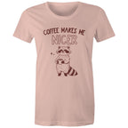 Coffee Makes Me Nicer - Womens T-shirt Pale Pink Womens T-shirt animal Coffee Printed In Australia