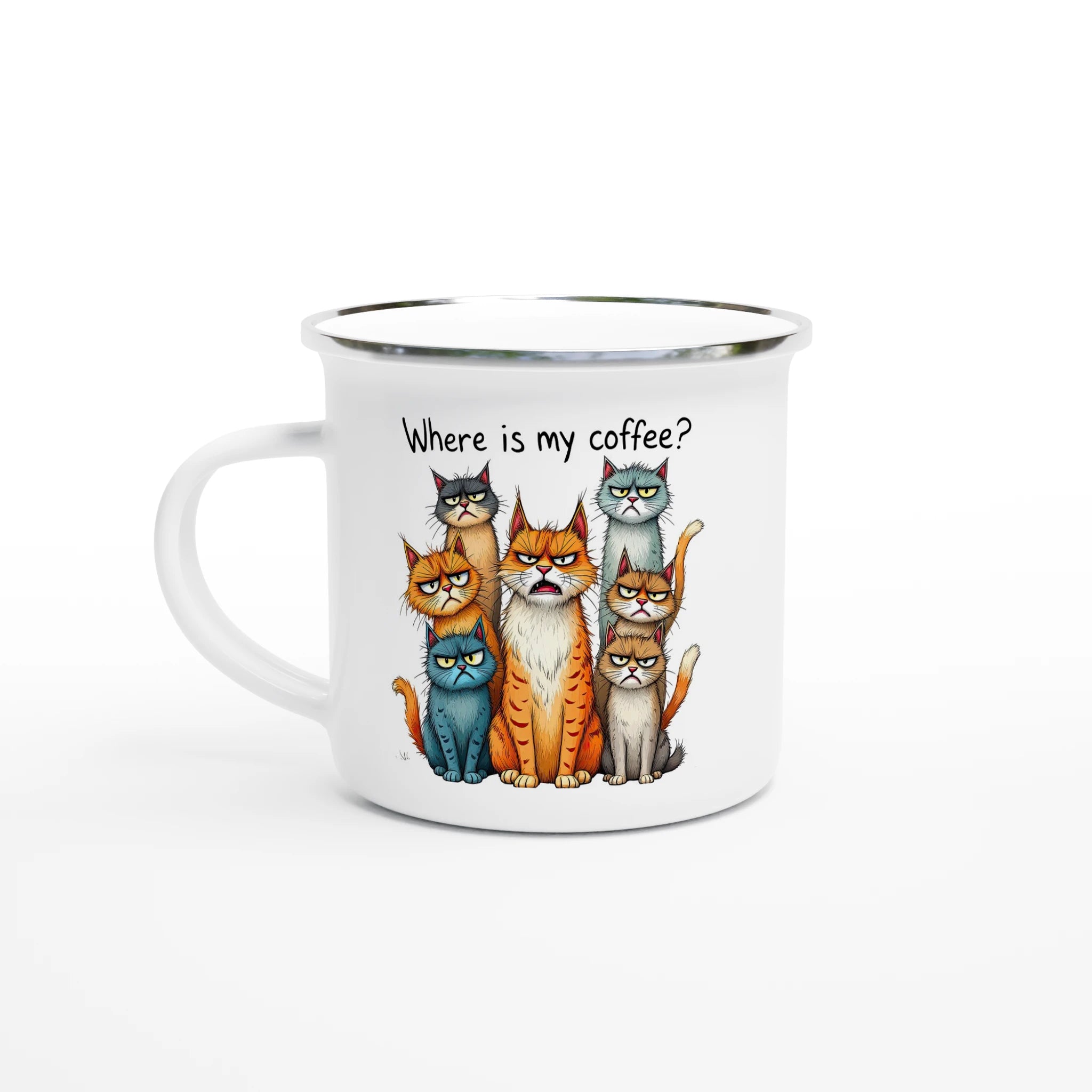 Where Is My Coffee, Cranky Cats - White 12oz Enamel Mug Default Title Enamel Mug animal Coffee Globally Fulfilled