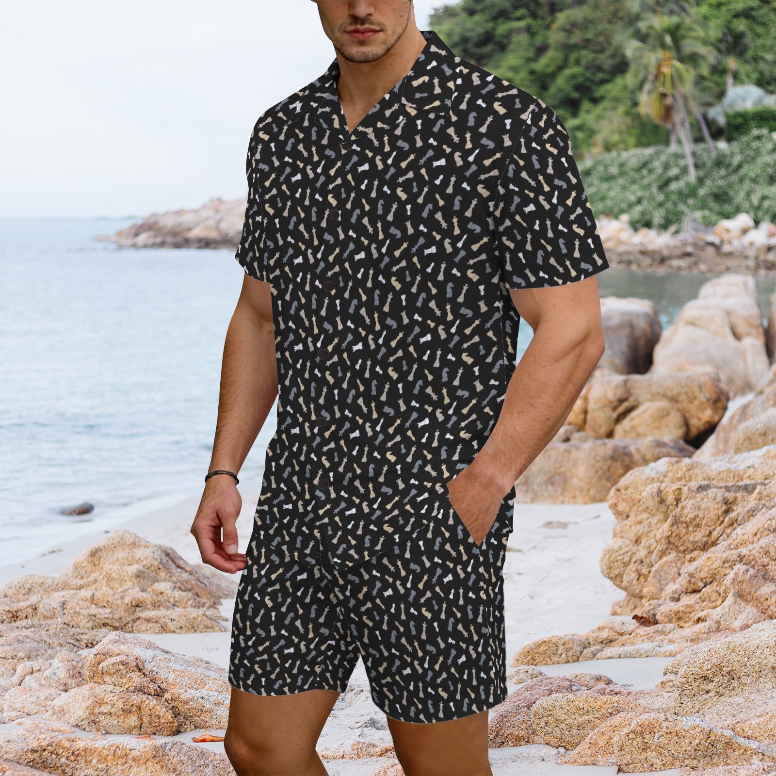 Chess Pattern Men's Hawaiian Shirt & Shorts Set Men's Hawaiian Shirt & Shorts Set Chess Games Printed Offshore