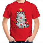 Christmas Cat - Kids Youth T-Shirt Red Kids Christmas T-shirt Christmas Printed In Australia
