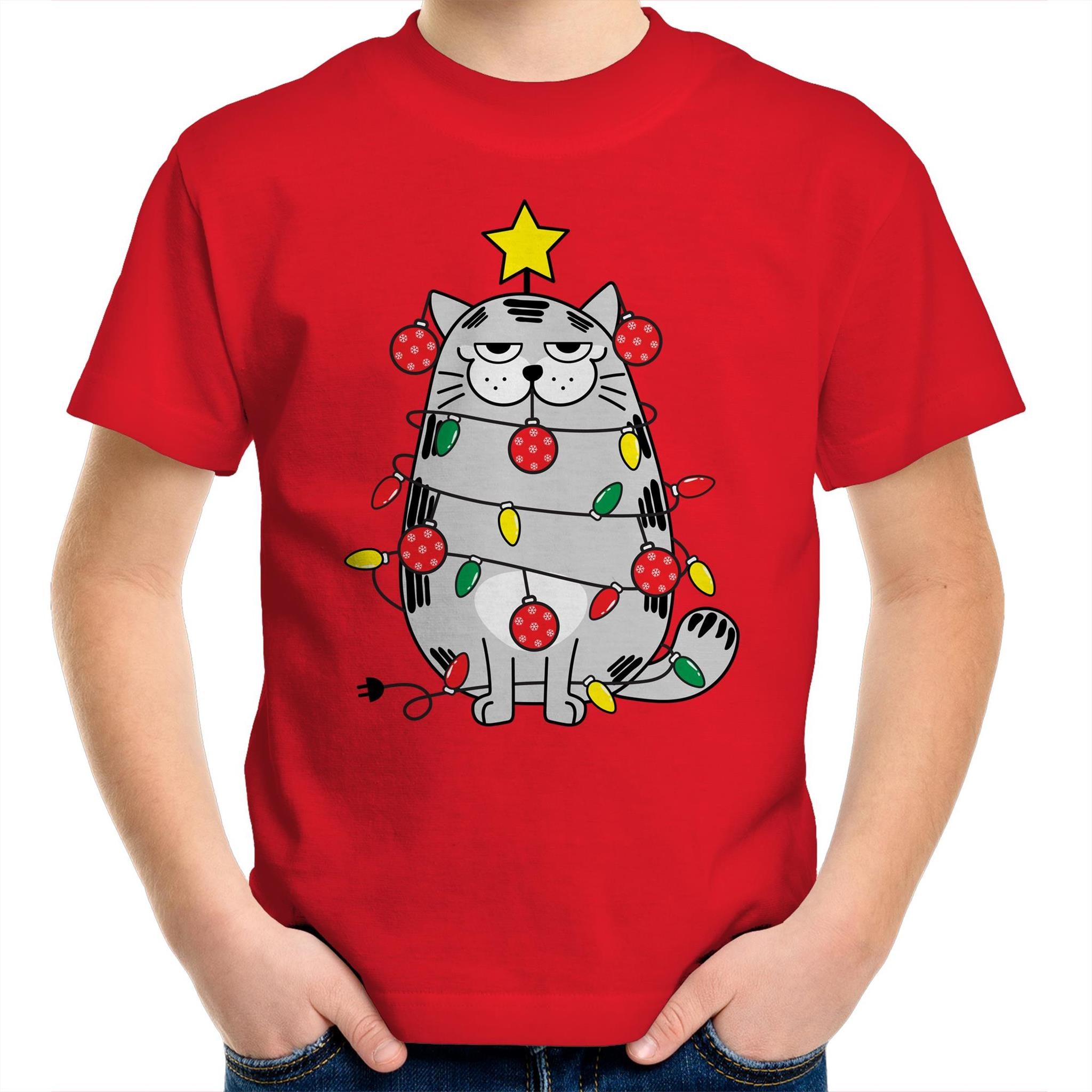 Christmas Cat - Kids Youth T-Shirt Red Kids Christmas T-shirt Christmas Printed In Australia
