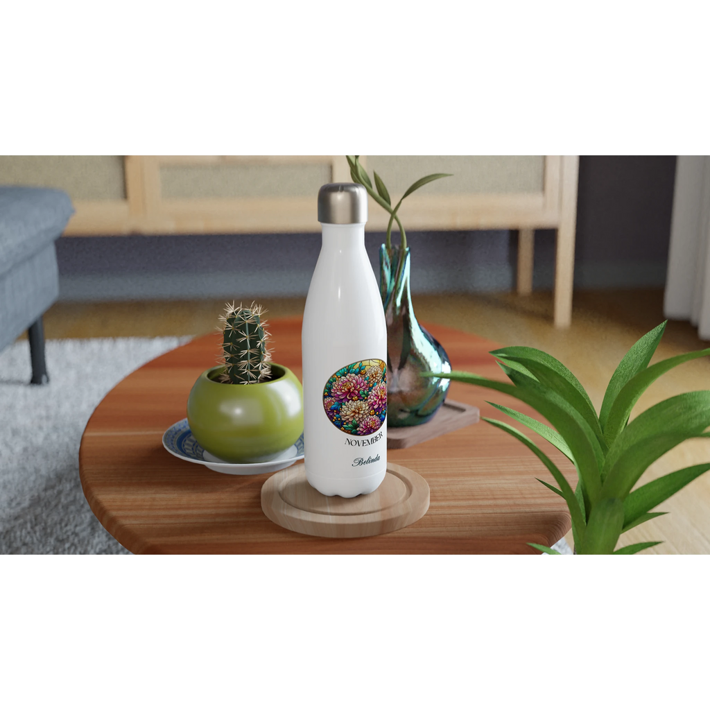 Stained Glass Birth Month Flowers - White 17oz Stainless Steel Water Bottle Personalised Water Bottle Birthday customise Globally Fulfilled Name personalise Plants