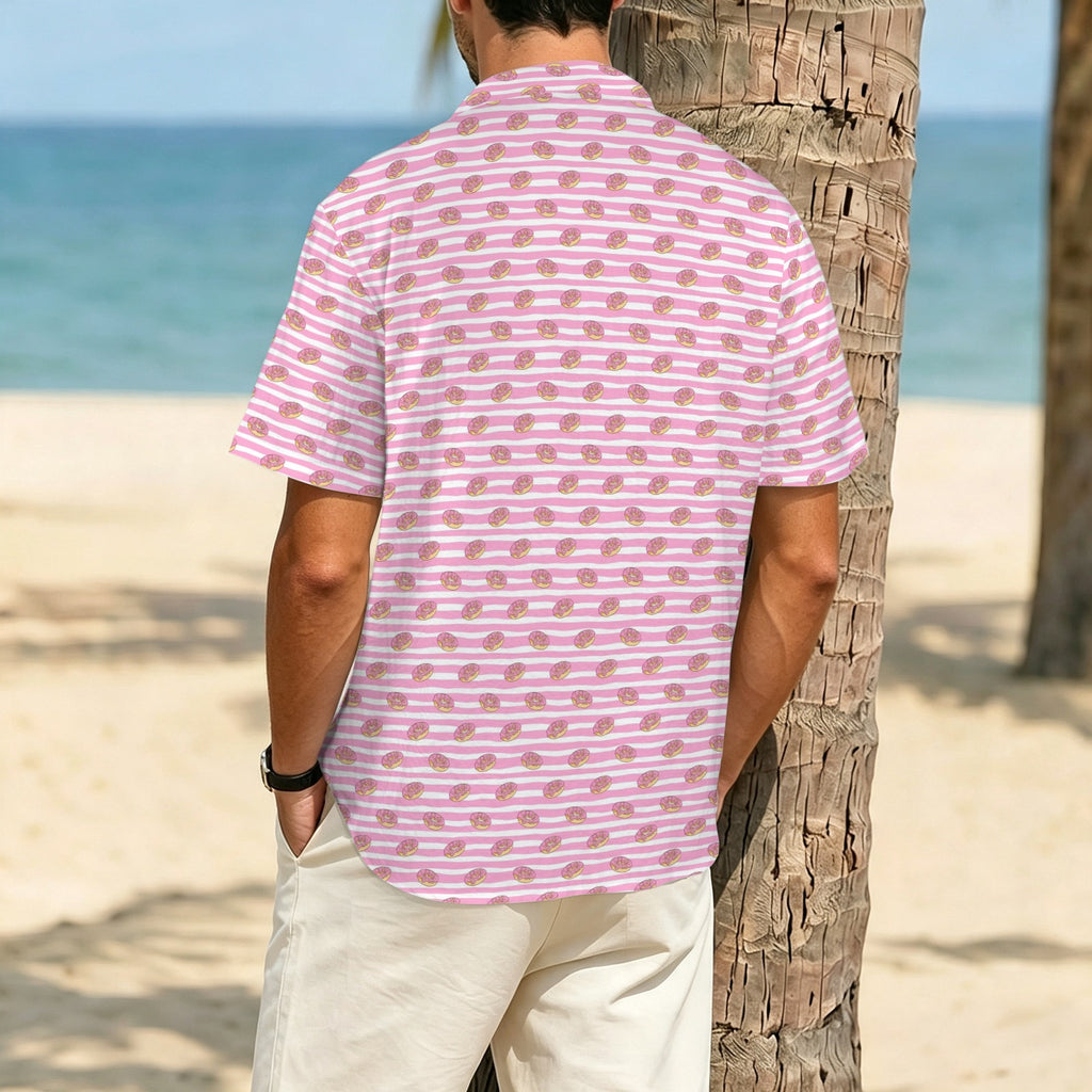 Pink Donut Stripes Men's Crinkle Hawaiian Shirt