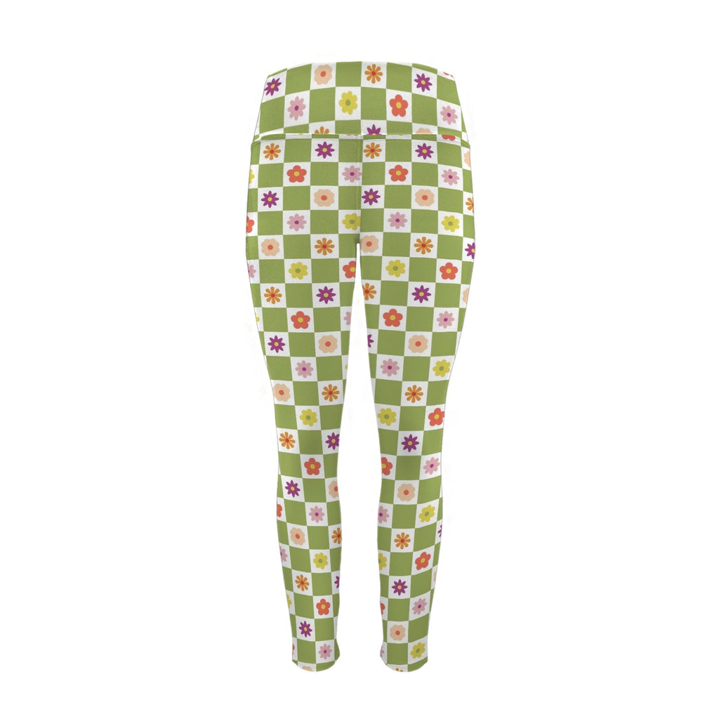 Flower Check Women's High Waist Pockets Yoga Leggings