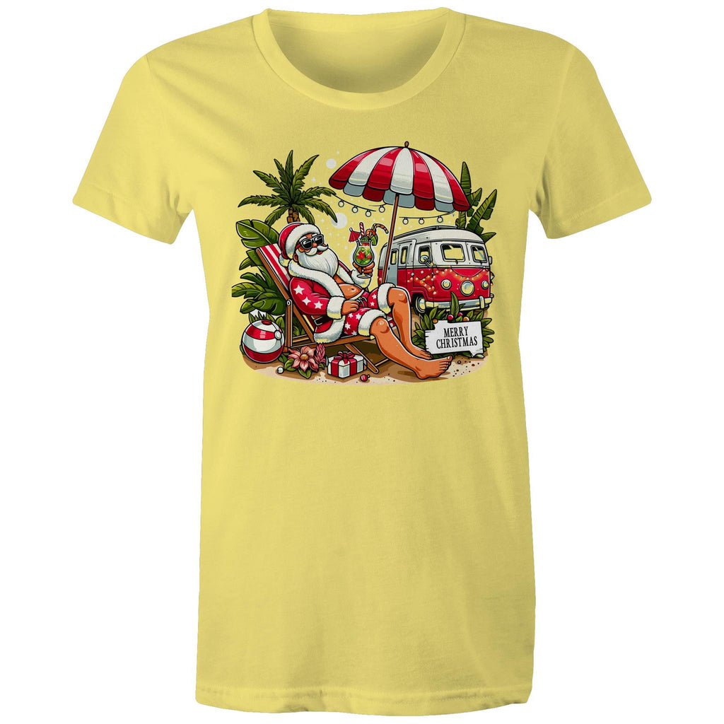 Santa By The Beach - Womens T-shirt Yellow Womens Christmas T-shirt Christmas Printed In Australia