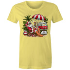 Santa By The Beach - Womens T-shirt Yellow Womens Christmas T-shirt Christmas Printed In Australia