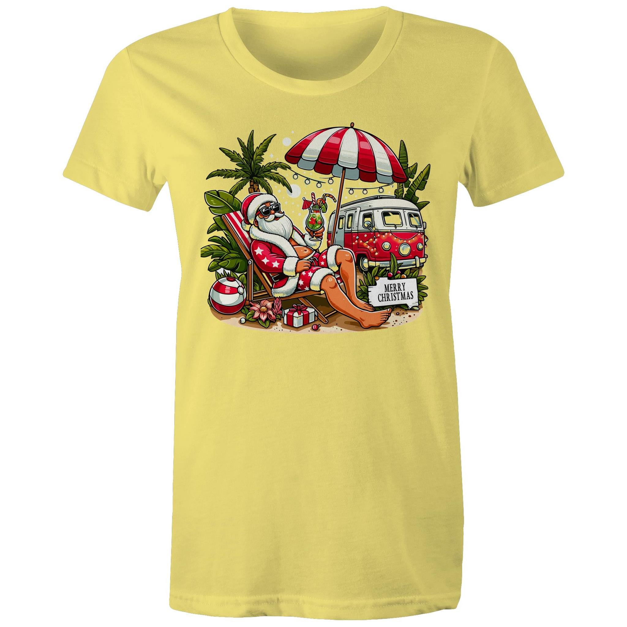 Santa By The Beach - Womens T-shirt Yellow Womens Christmas T-shirt Christmas Printed In Australia