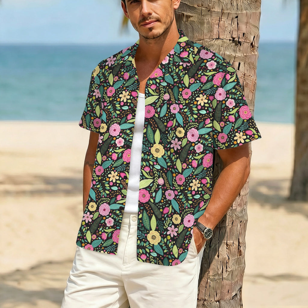 Bright Floral And Leaves Men's Crinkle Hawaiian Shirt