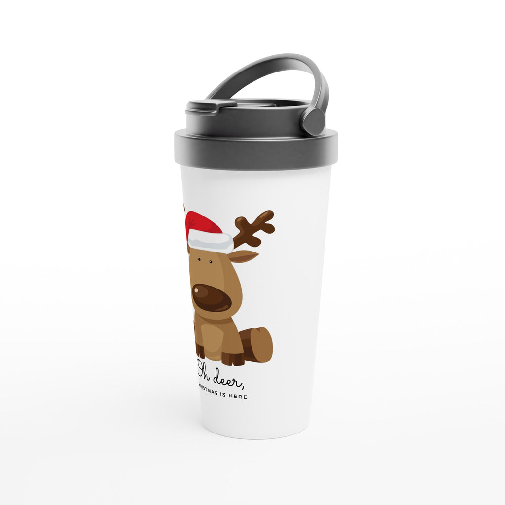 Oh Deer, Christmas Is Here - White 15oz Stainless Steel Travel Mug Christmas Travel Mug Christmas Globally Fulfilled