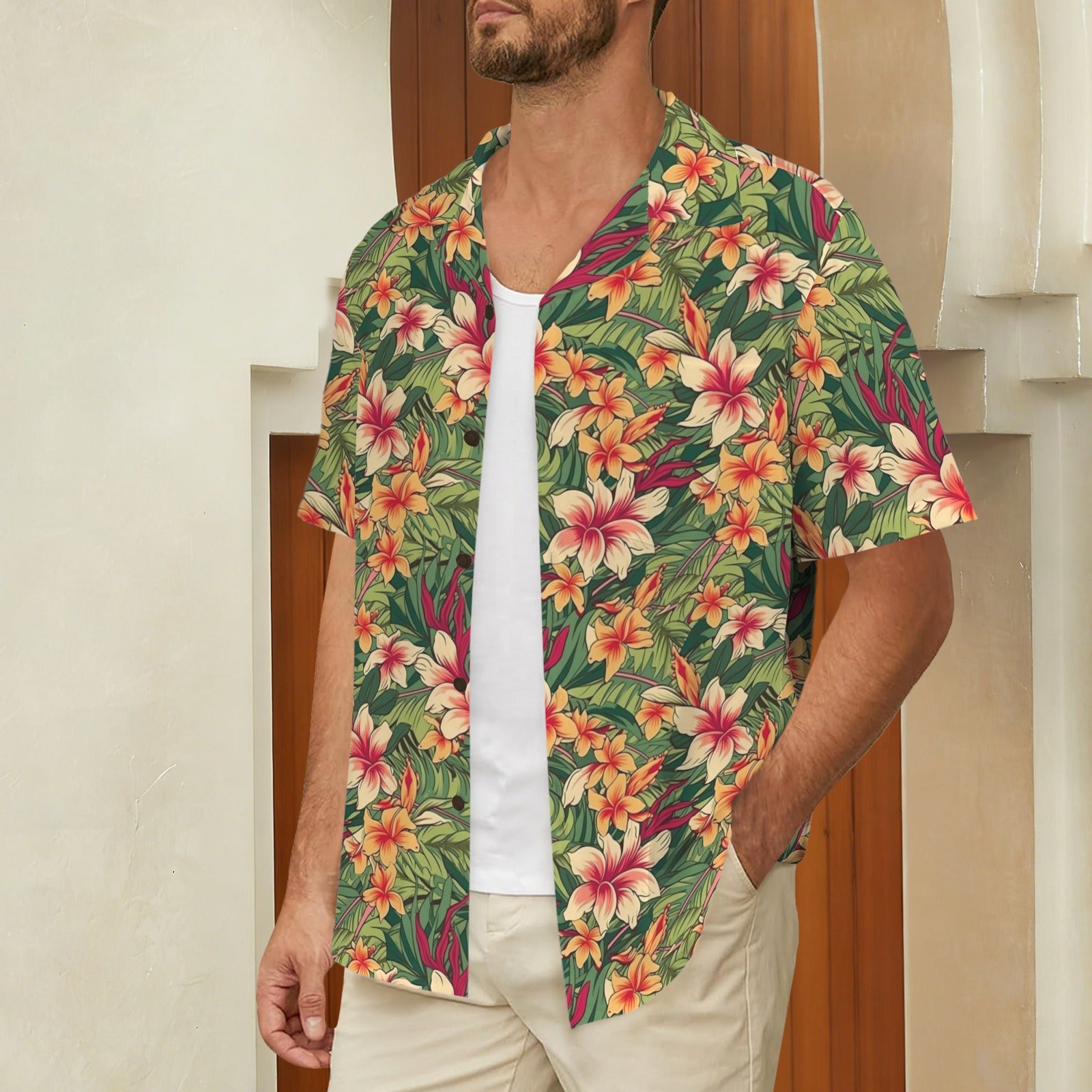 Vintage Hawaiian Floral - Men's Short Sleeve Hawaiian Shirt Men's Hawaiian Shirt (New) Plants Printed Offshore Retro