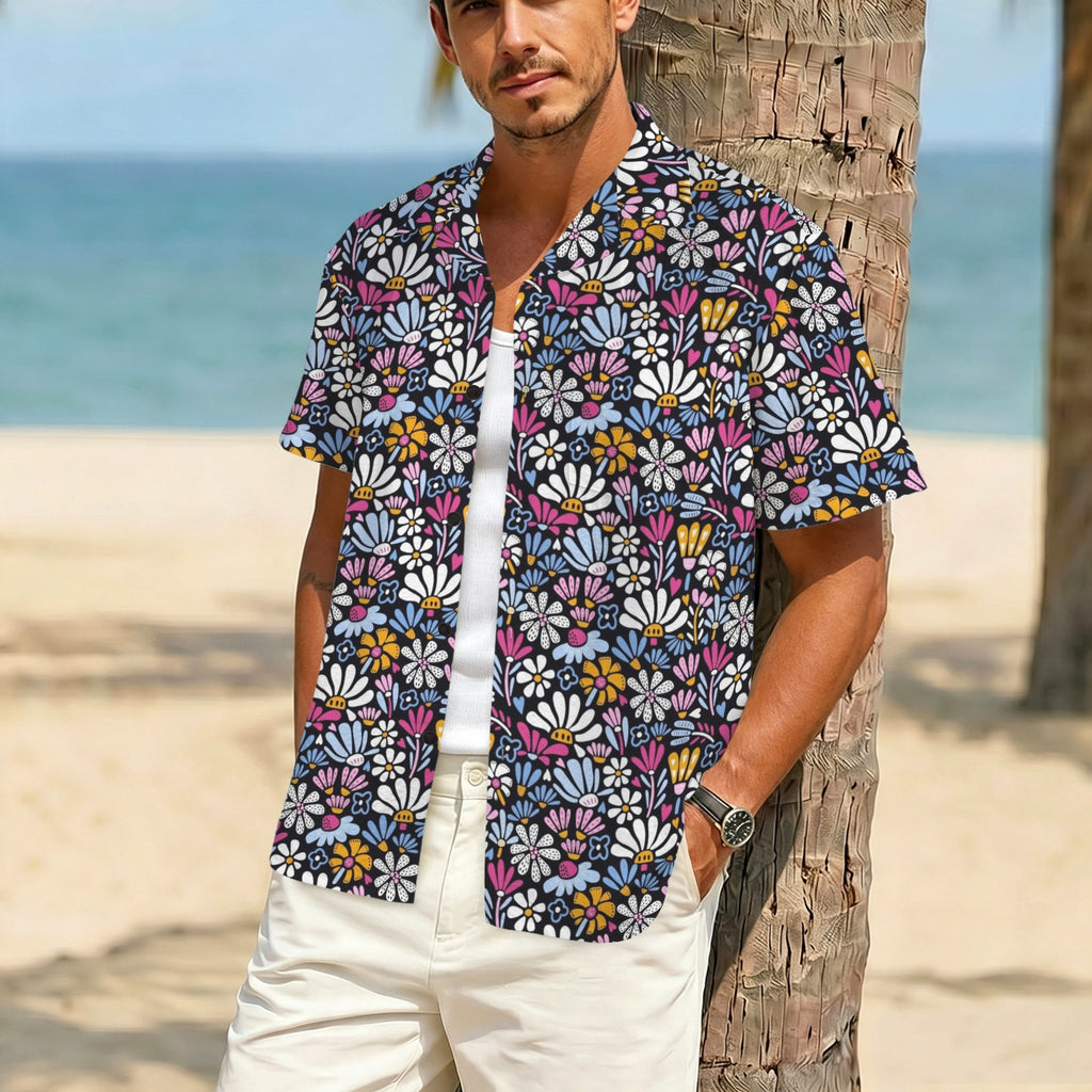 Graphic Flowers On Black Men's Crinkle Hawaiian Shirt