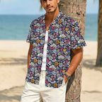 Graphic Flowers On Black Men's Crinkle Hawaiian Shirt