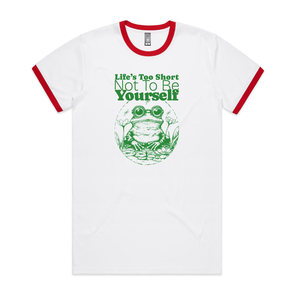 Life's Too Short Not To Be Yourself Men's AS Colour Ringer Tee White Red Ringer T-Shirt Positivity Printed In Australia