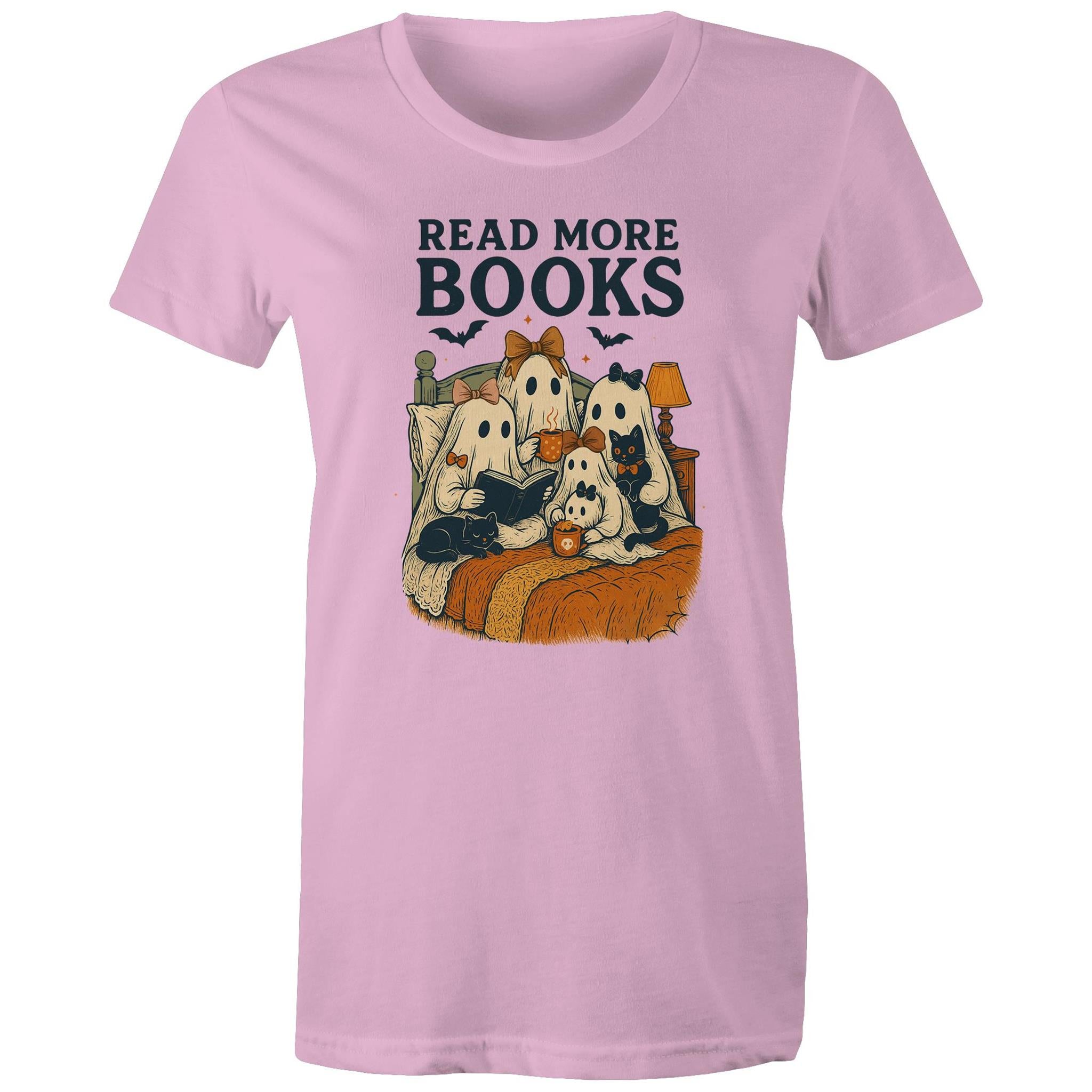 Read More Books, Halloween Ghosts - Womens T-shirt Pink Womens T-shirt Halloween Printed In Australia Reading
