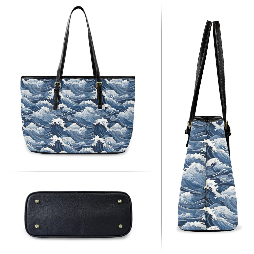 Japanese Waves PU Leather Tote Bag Large Leather Tote Bag-Large Ocean Printed Offshore