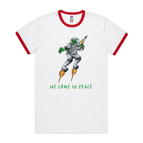 Alien, We Come In Peace - Staple Ringer Tee White Red Ringer T-Shirt Printed In Australia Sci Fi