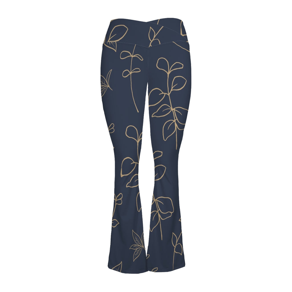 Gold Flowers On Navy High Waist Crossover Tummy Control Flare Leggings High Waist Flare Leggings Printed Offshore