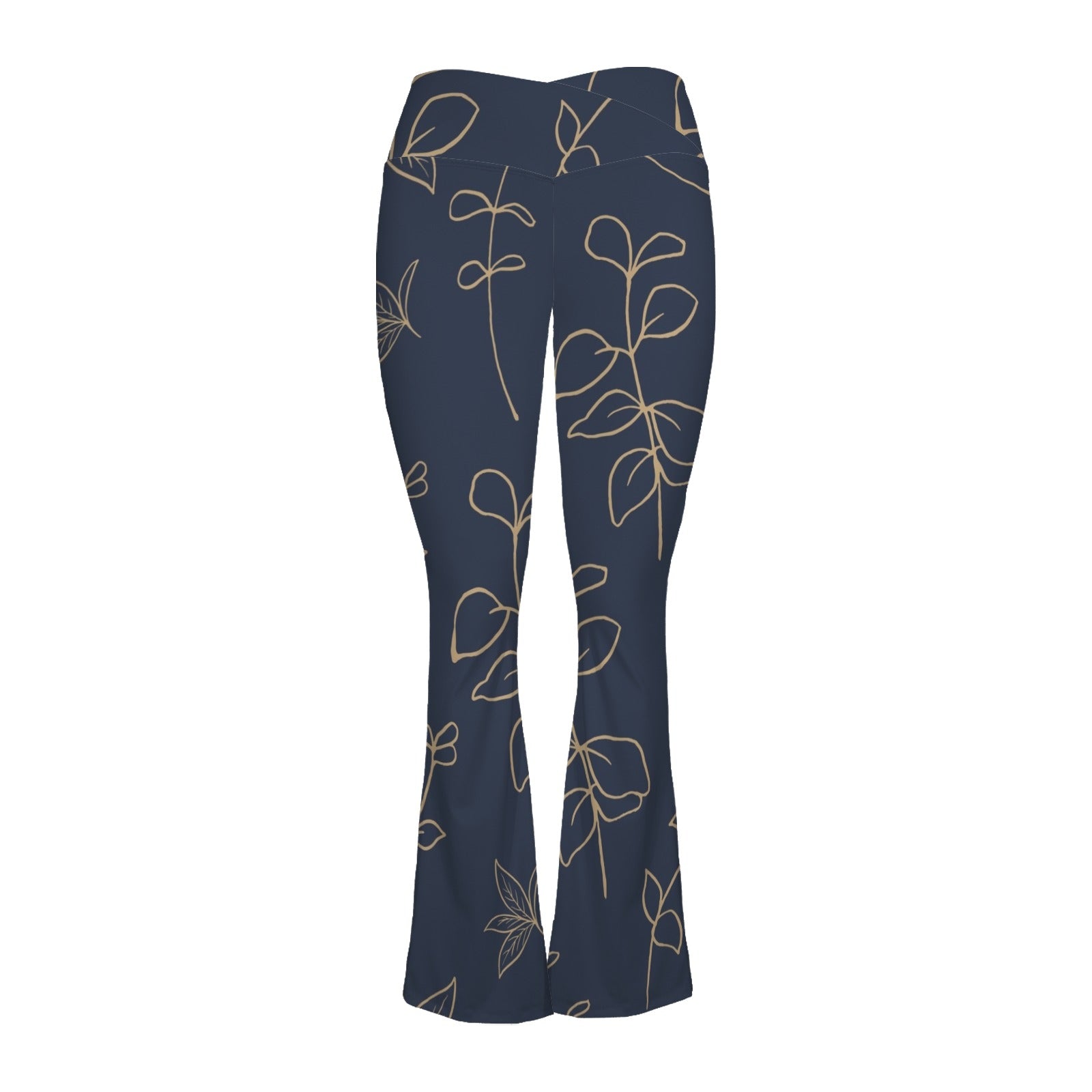 Gold Flowers On Navy High Waist Crossover Tummy Control Flare Leggings High Waist Flare Leggings Printed Offshore