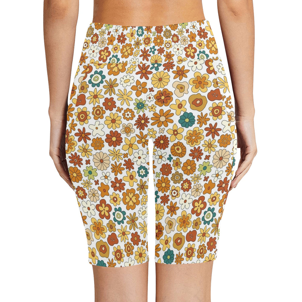 70's Style Floral Women's Bike Shorts With Side Pockets