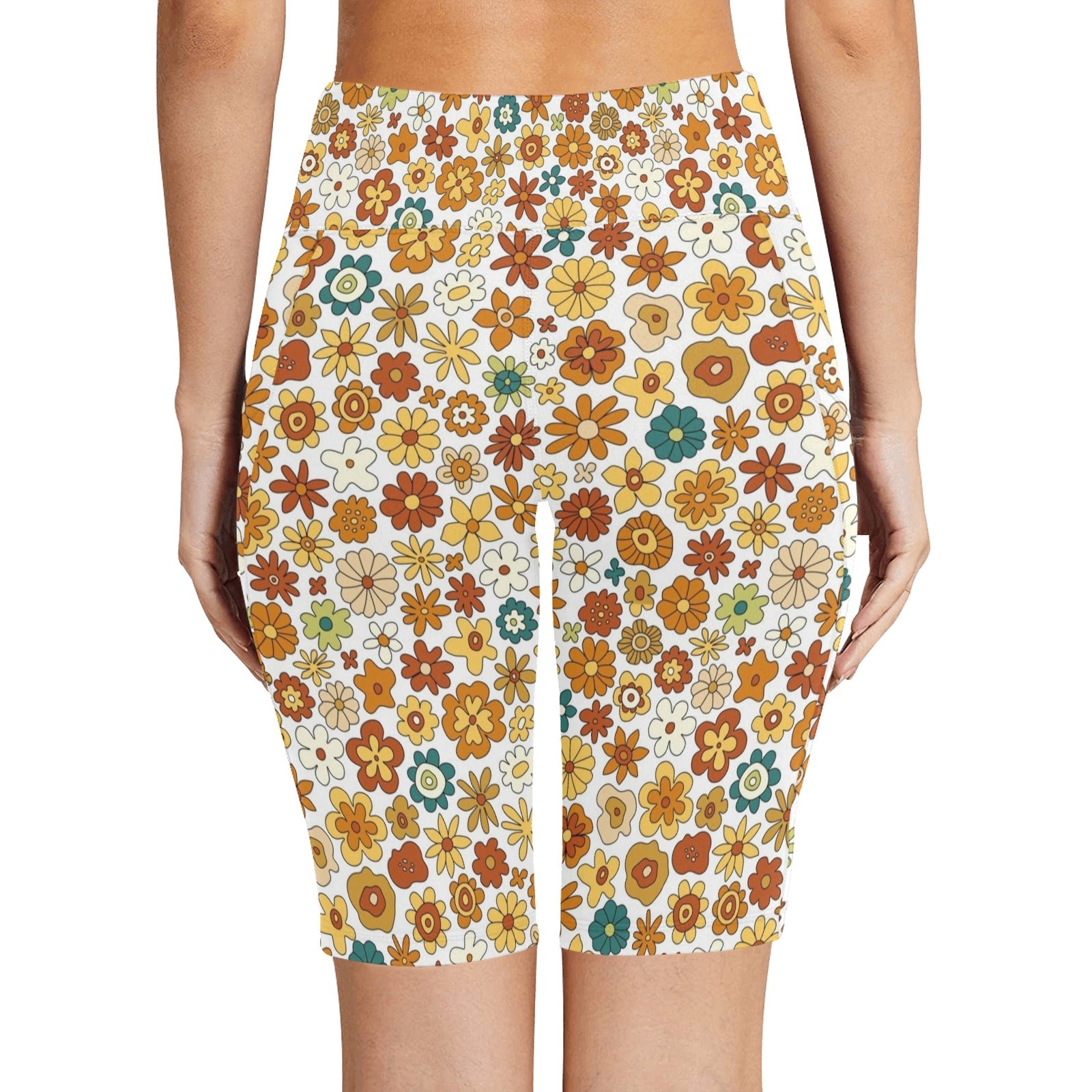 70's Style Floral Women's Bike Shorts With Side Pockets
