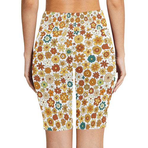 70's Style Floral Women's Bike Shorts With Side Pockets