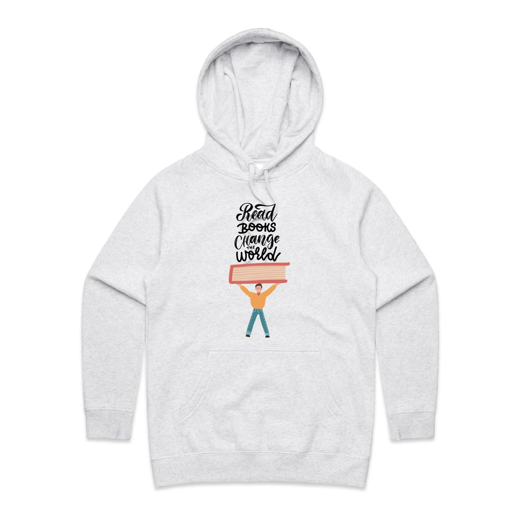 Read Books, Change The World - Womens Hoodie White Marle Womens Hoodie Printed In Australia Reading