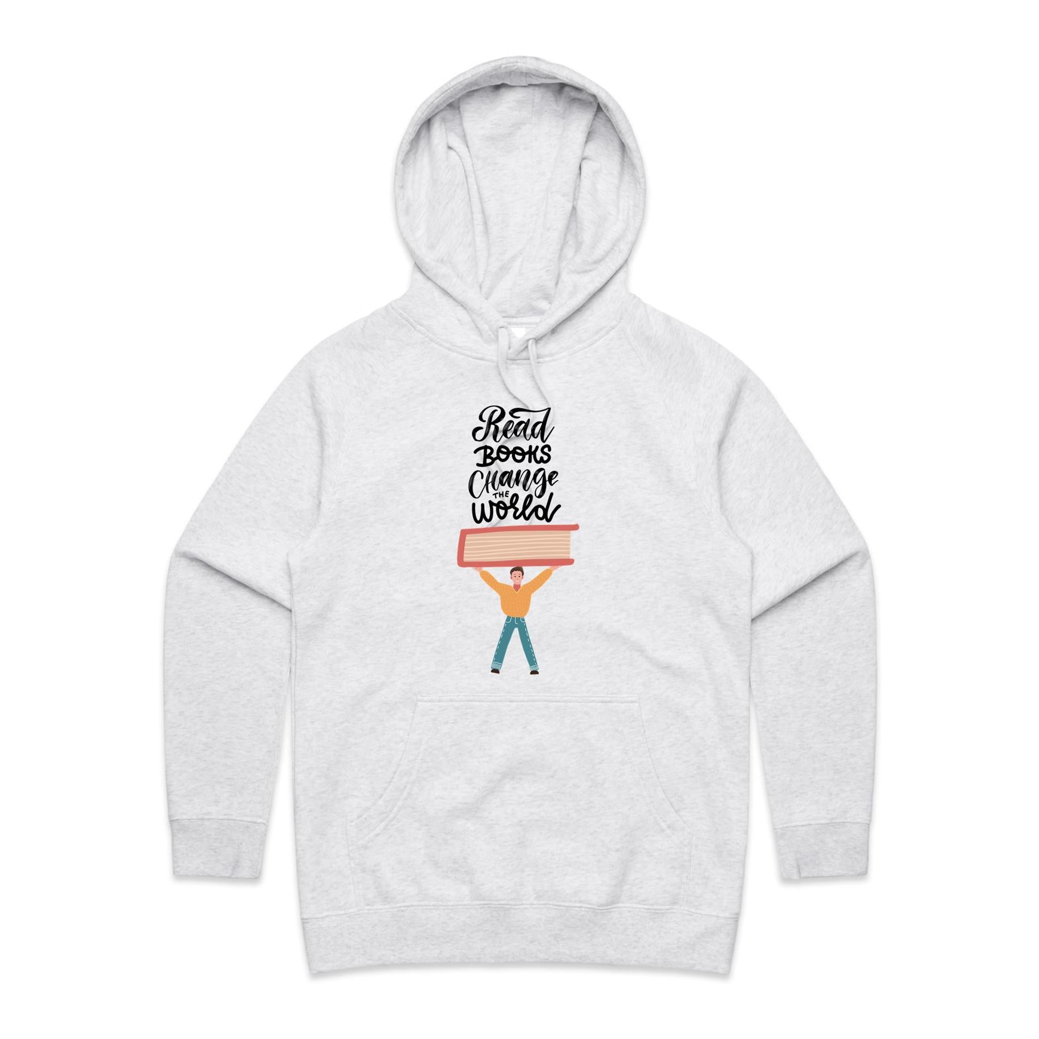 Read Books, Change The World - Womens Hoodie White Marle Womens Hoodie Printed In Australia Reading