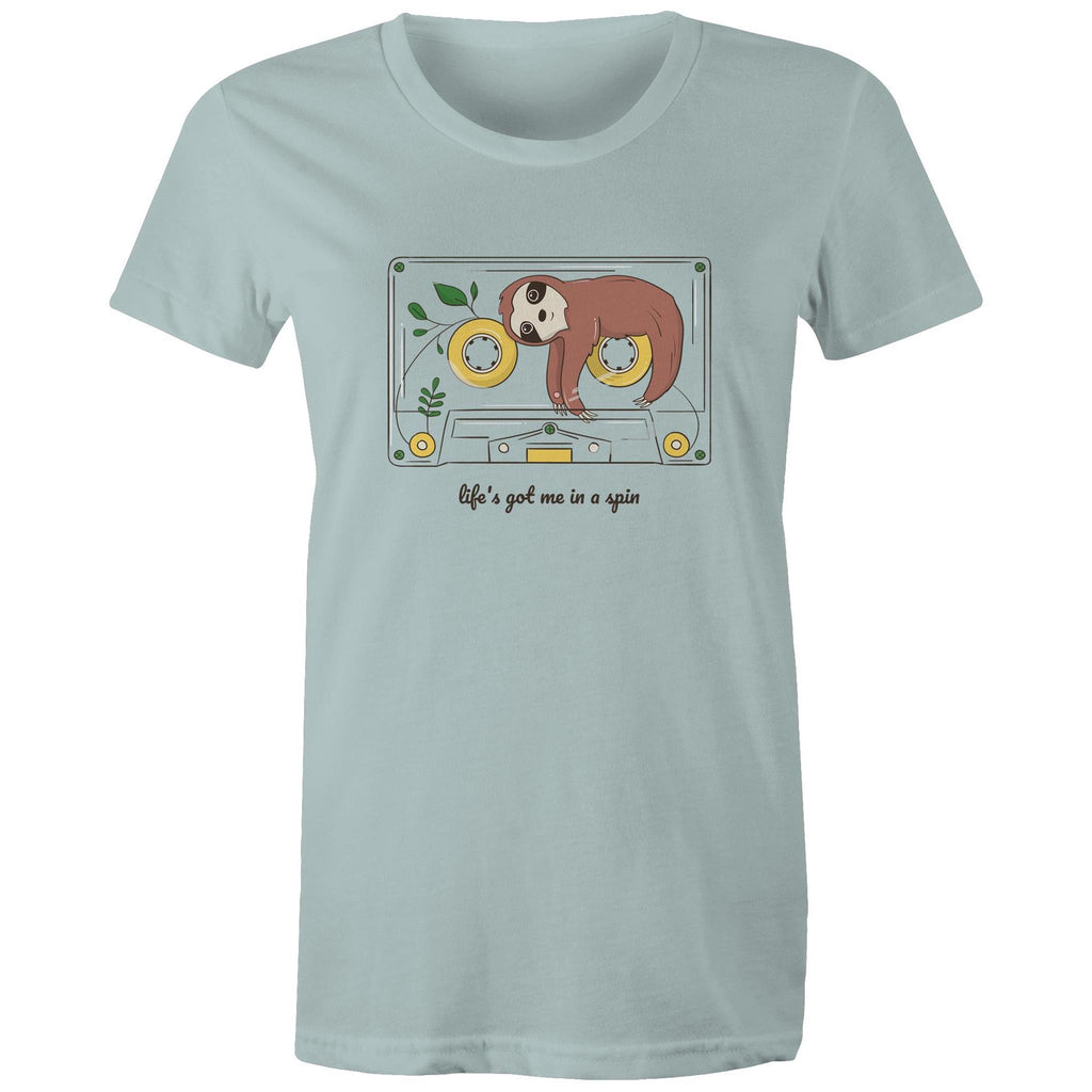 Life's Got Me In A Spin, Sloth, Cassette Tape - Womens T-shirt Pale Blue Womens T-shirt Music Printed In Australia
