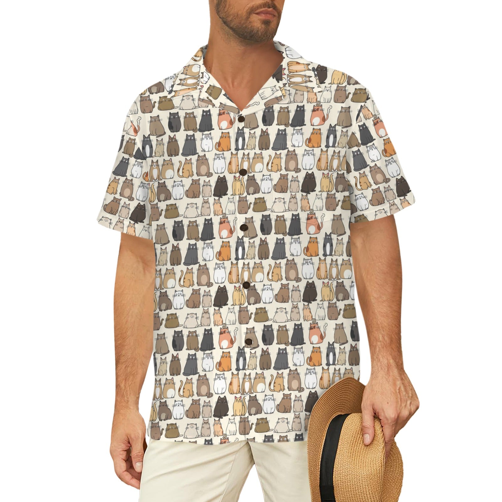 Lots Of Cats Men's Short Sleeve Hawaiian Shirt Men's Hawaiian Shirt (New) animal Printed Offshore