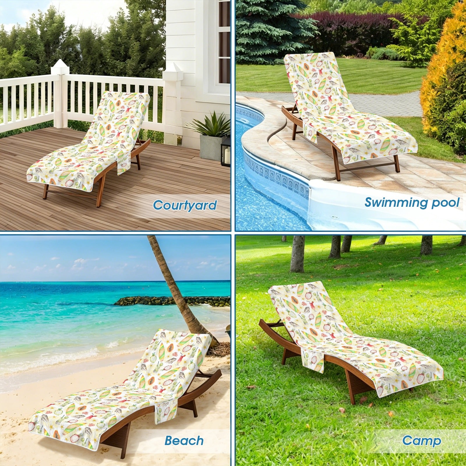 Tropical Surf Beach Chair Towel Cover with Side Pockets