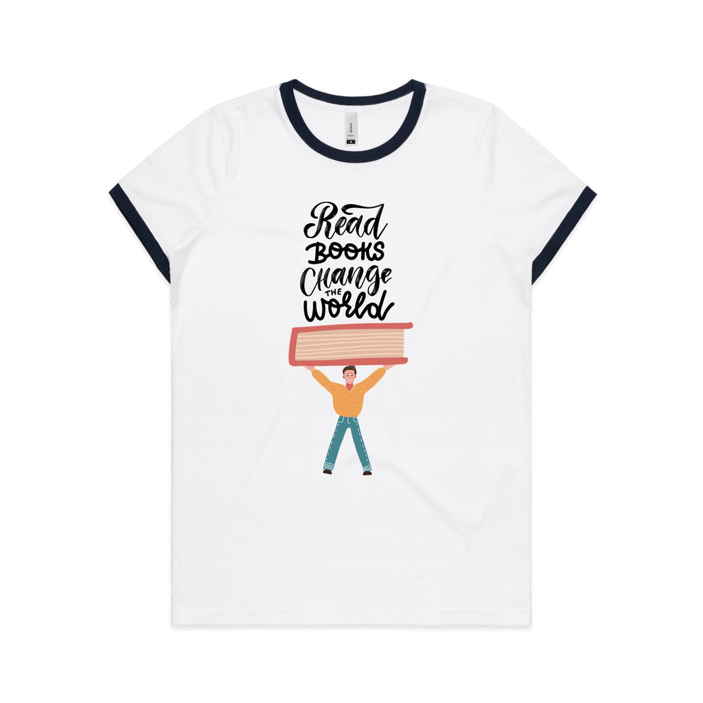 Read Books, Change The World - Women's Ringer Tee White Navy Womens Ringer T-shirt Printed In Australia Reading