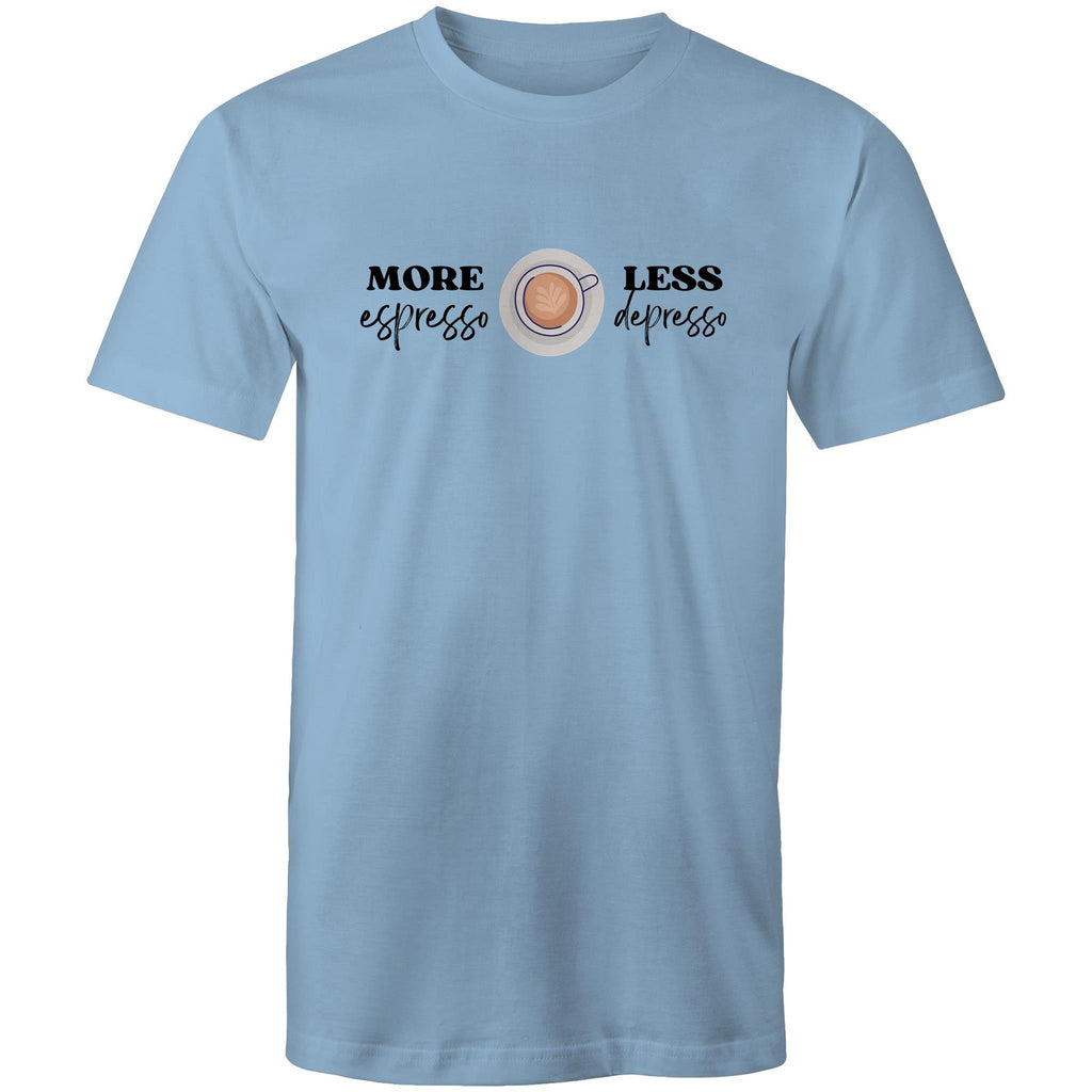 More Espresso Less Depresso - Mens T-Shirt Carolina Blue Mens T-shirt Coffee Printed In Australia