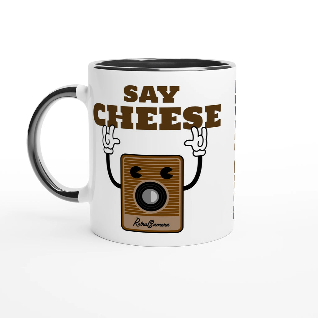 Personalised - Say Cheese, Retro Camera - White 11oz Ceramic Mug with Colour Inside Ceramic Black Personalised 11oz Mug customise Globally Fulfilled personalise Retro Tech