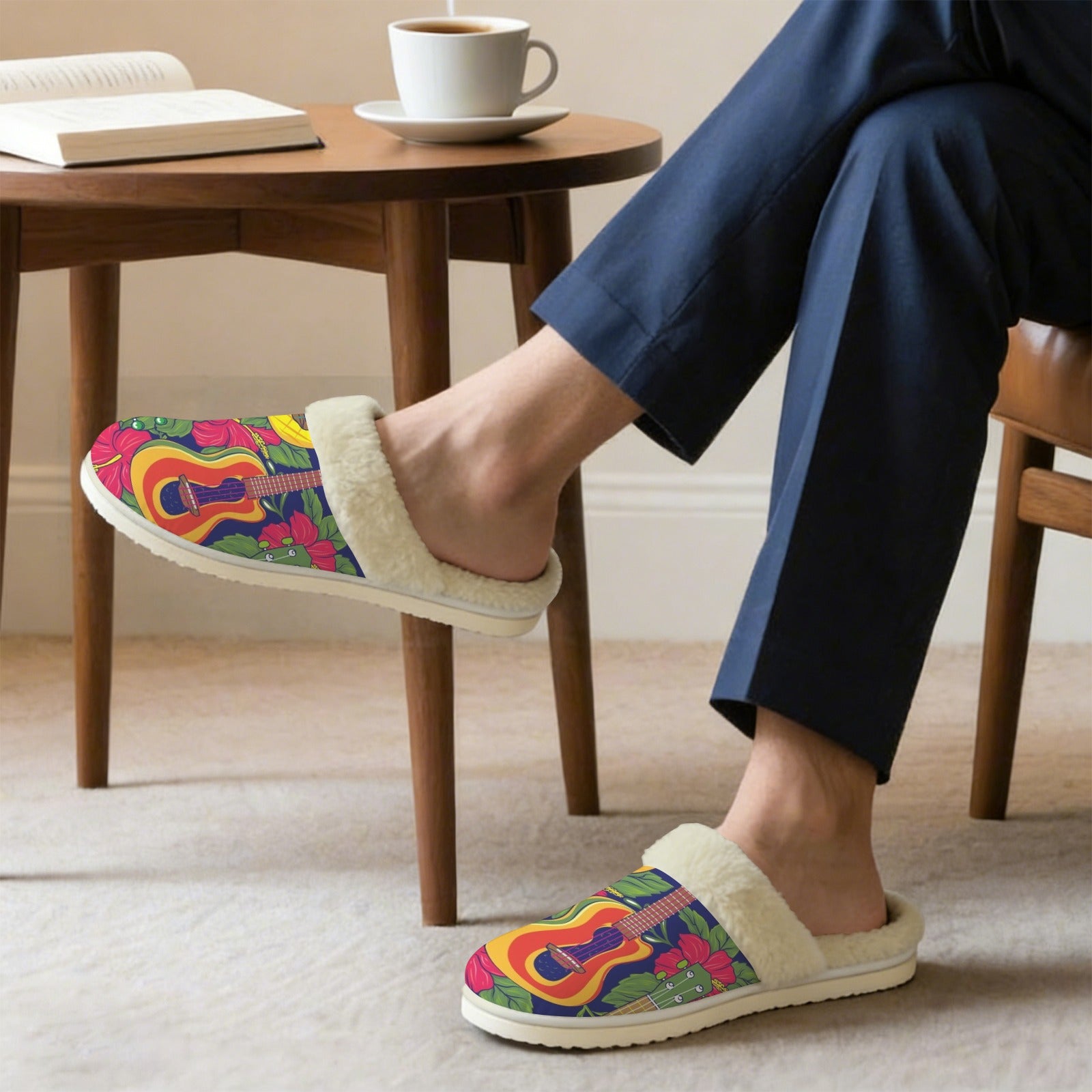 Ukulele Men's Fur Trim Thick-Sole Indoor Slippers Men's Fur Trimmed Slippers Music Printed Offshore