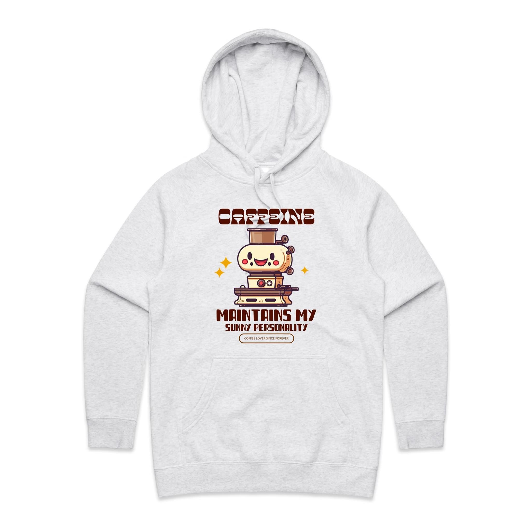 Caffeine Maintains My Sunny Personality - Womens Hoodie White Marle Womens Hoodie Coffee Printed In Australia