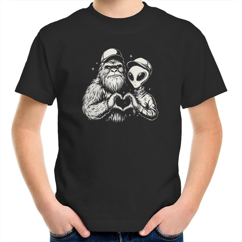 Alien Bigfoot Heart Hands - Kids Youth T-shirt Black Kids Youth T-shirt Love Printed In Australia Sci Fi