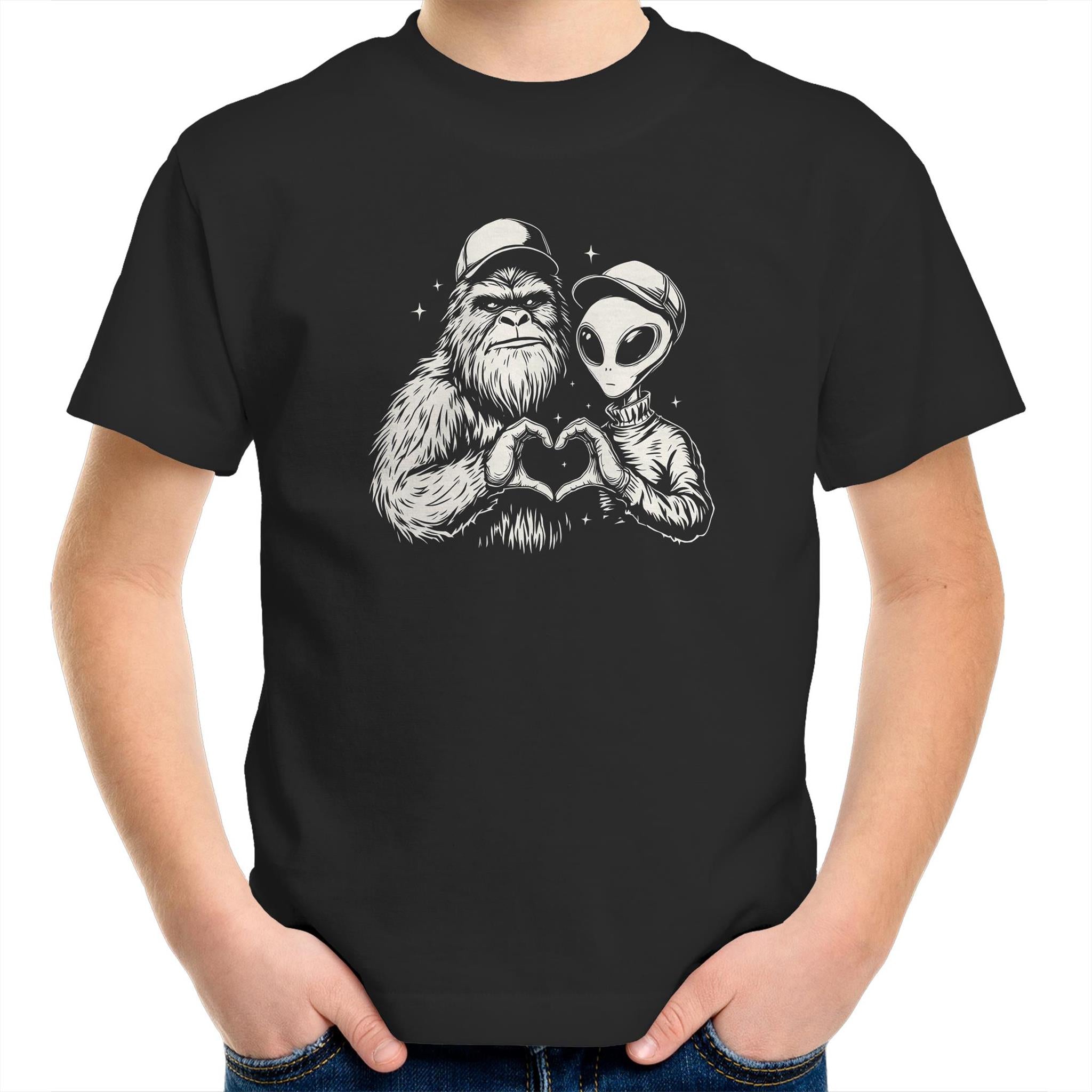 Alien Bigfoot Heart Hands - Kids Youth T-shirt Black Kids Youth T-shirt Love Printed In Australia Sci Fi