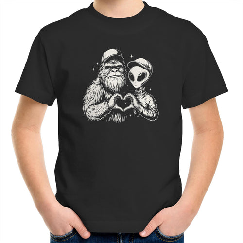 Alien Bigfoot Heart Hands - Kids Youth T-shirt Black Kids Youth T-shirt Love Printed In Australia Sci Fi