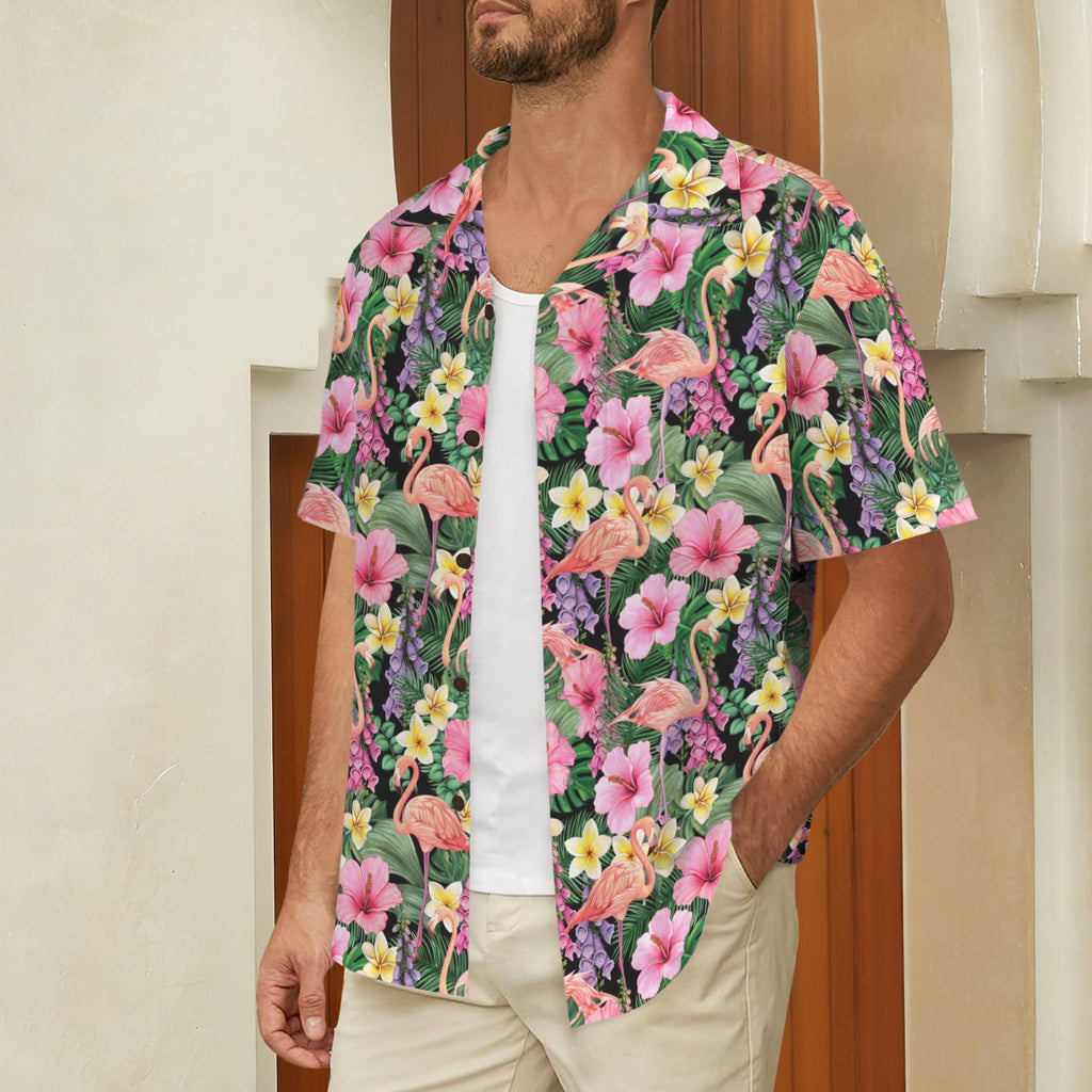 Flamingo Jungle Men's Short Sleeve Hawaiian Shirt Men's Hawaiian Shirt (New) animal Plants Printed Offshore
