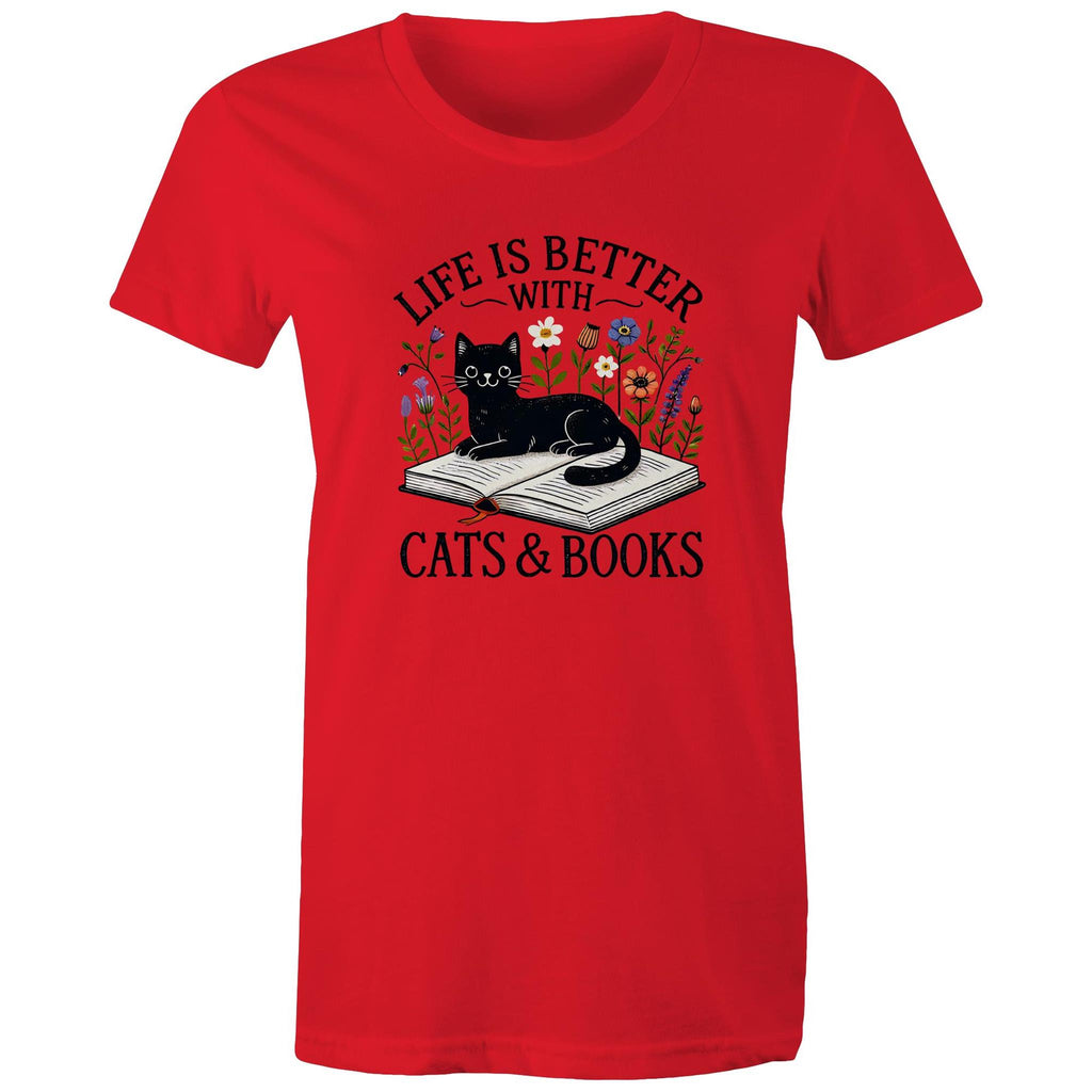 Life Is Better With Cats And Books - Womens T-shirt Red Womens T-shirt animal Printed In Australia Reading
