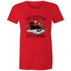 Life Is Better With Cats And Books - Womens T-shirt Red Womens T-shirt animal Printed In Australia Reading
