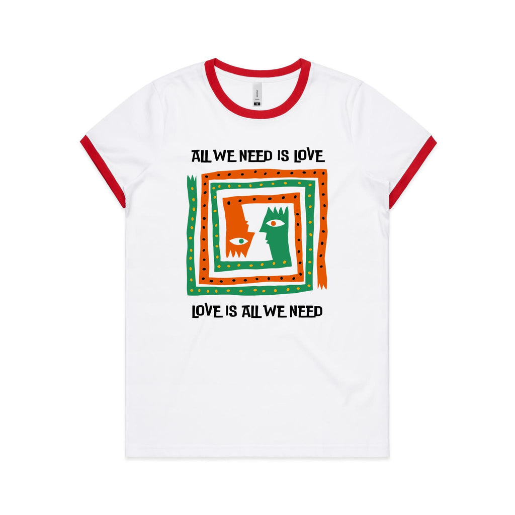 All We Need Is Love - Women's Ringer Tee White Red Womens Ringer T-shirt Love Printed In Australia